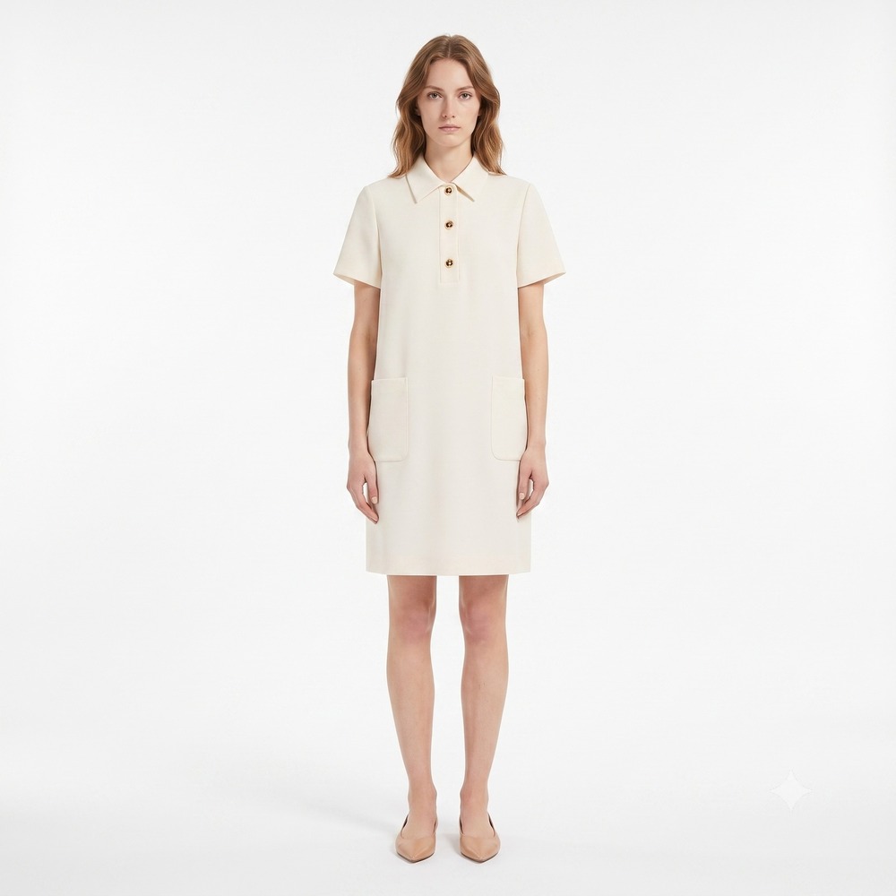 Max Mara Studio Cream Ivory Triacetate Polo Shift Dress Snap Front Size 14